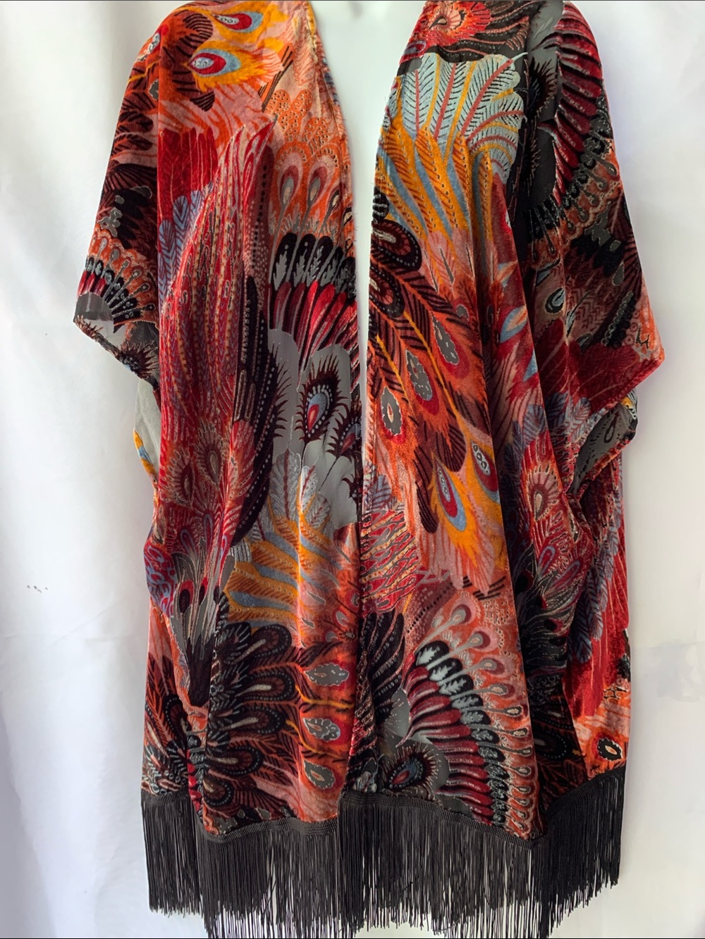 Black Rain Paisley Fringe Open Front Kimono Duster Multicolored Peacock Boho